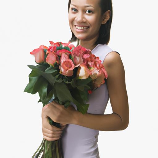 Một người đang cầm bó hoa hồng, nhìn thẳng vào camera với nụ cười tươi.
