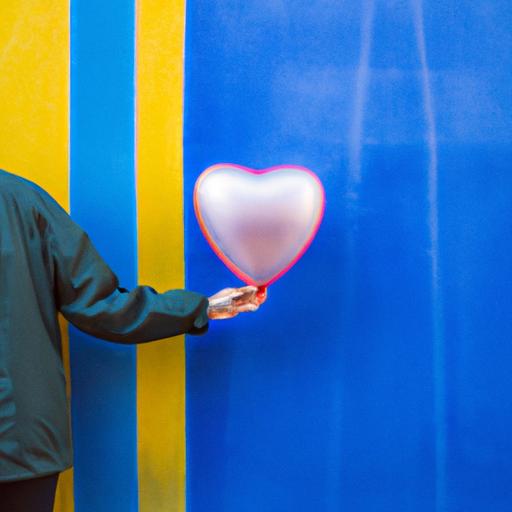 Một người đang cầm bóng bay hình trái tim, đứng trước một bức tường đầy màu sắc.