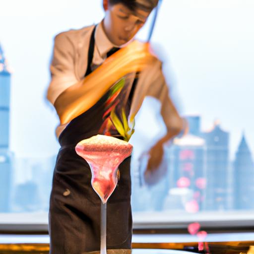 Một nhân viên pha chế đang lắc một ly cocktail sau quầy bar tại nhà hàng Oriental Pearl Landmark 81.