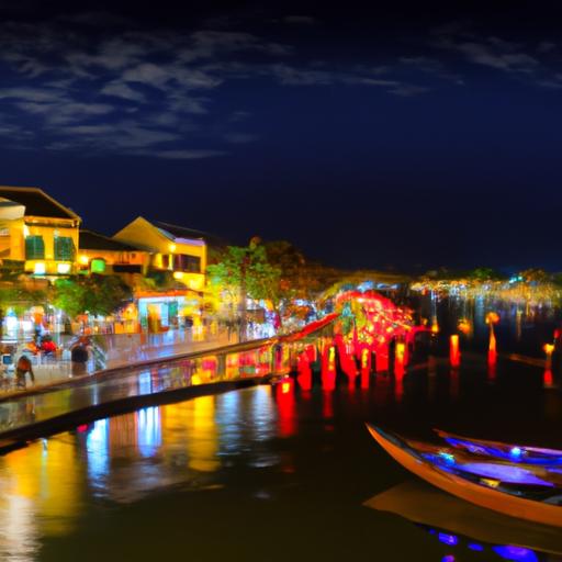 Khung cảnh toàn cảnh của phố cổ Hội An vào ban đêm với những chiếc lồng đèn và những con thuyền trên sông.