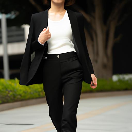 Phong cách lịch lãm với áo blazer đen, quần đen và áo sơ mi trắng
