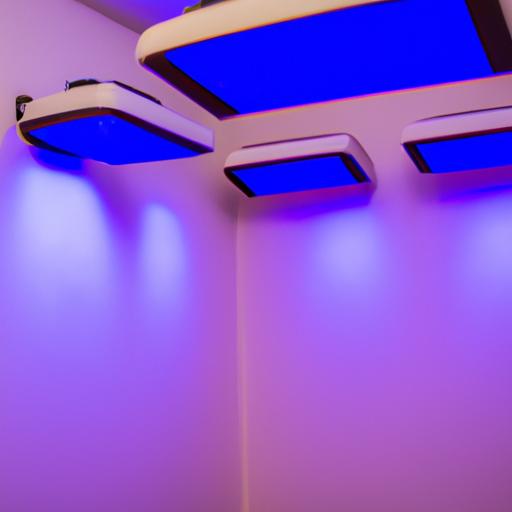Phòng với các đèn phát tia sáng xanh tím trên tường