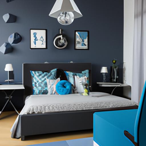 Phòng ngủ với gam màu xanh dương và xám