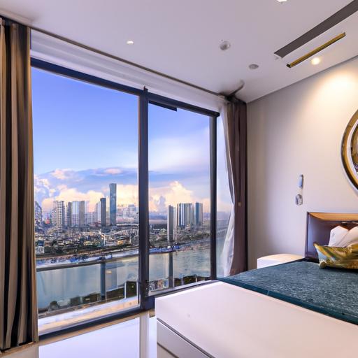 Phòng ngủ với tầm nhìn đẹp của thành phố từ cửa sổ tại chung cư 458 Nguyễn Thị Minh Khai