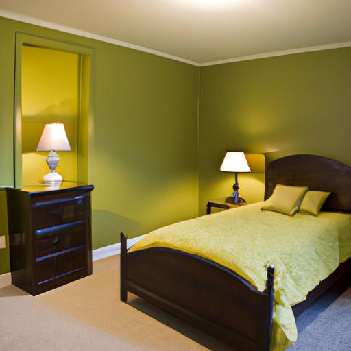 Phòng ngủ với tường màu xanh ngọc và các chi tiết màu vàng