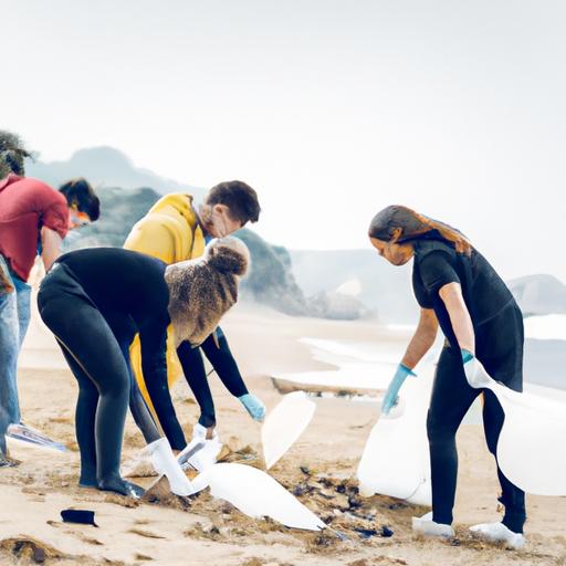 Hình ảnh nhóm tình nguyện viên dọn dẹp bãi biển ô nhiễm với rác thải nhựa.