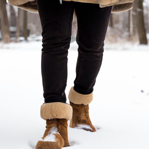 Một người phụ nữ đang mặc áo khoác lông cừu với mũ lông và đôi giày boots đi bộ trong rừng tuyết.