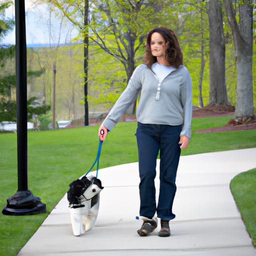 Một người phụ nữ trên 40 tuổi mặc trang phục bình thường và đi dạo với chó cưng tại công viên