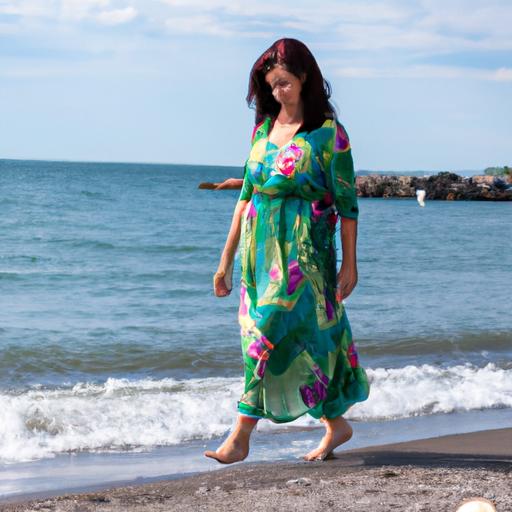 Một người phụ nữ trên 40 tuổi mặc váy mùa hè và đi bộ trên bãi biển