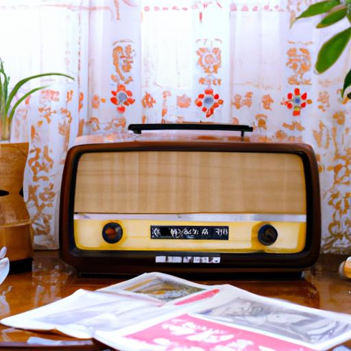 Cái đài radio cổ đang phát một bài hát nổi tiếng trong thời hoa đỏ trong không gian phòng khách ấm cúng