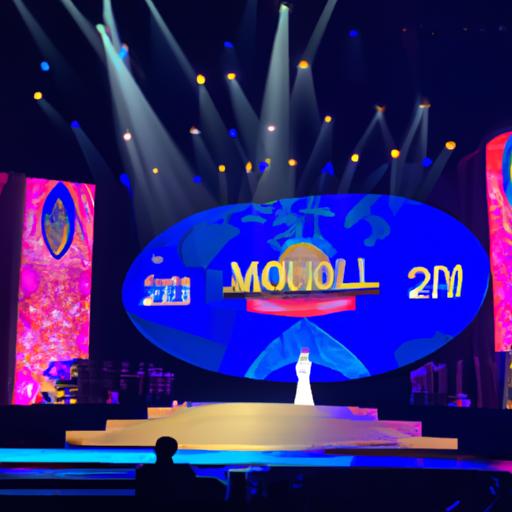 Sân khấu của Miss World 2022 với đèn sân khấu sáng chói và khán giả đông đảo.