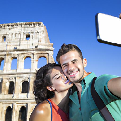 Cặp đôi chụp ảnh selfie tại một công trình nổi tiếng