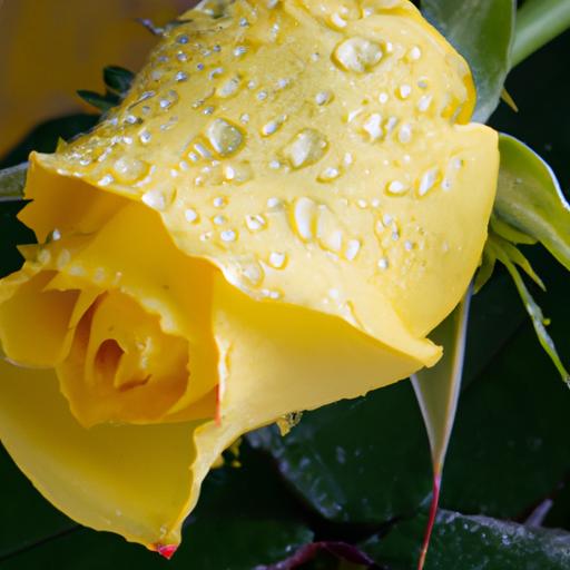 Một bông hồng vàng duy nhất với giọt nước trên cánh hoa