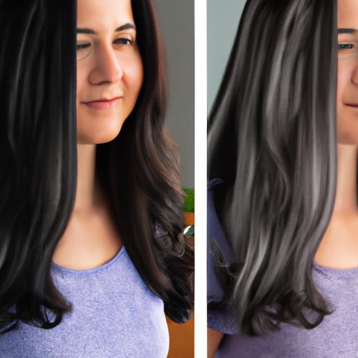 So sánh trước và sau khi nhuộm tóc màu bạc của một người phụ nữ, với hình ảnh đầu tiên cho thấy tóc đen và hình ảnh thứ hai cho thấy tóc nhuộm màu bạc.