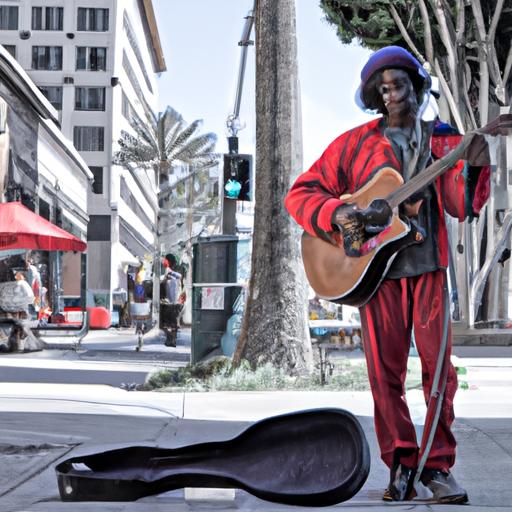 Một nghệ sĩ đường phố đang chơi guitar và hát một bài hát đầy tâm hồn trên lề đường đông đúc.