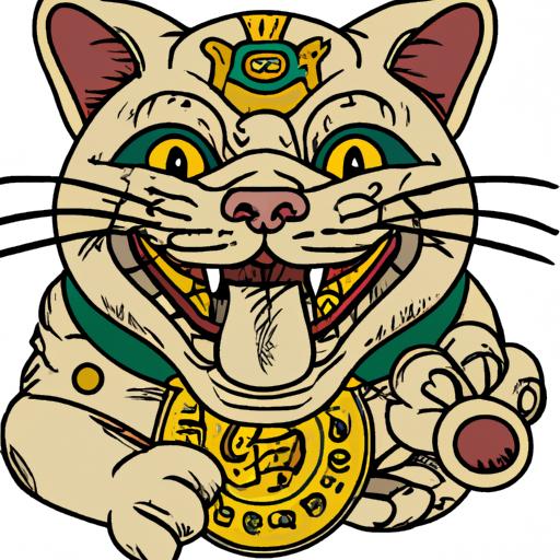 Hình xăm con mèo thần tài chân thật cầm đồng tiền vàng trong miệng.