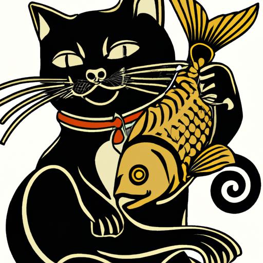 Hình xăm con mèo thần tài kiểu Nhật truyền thống với con cá.