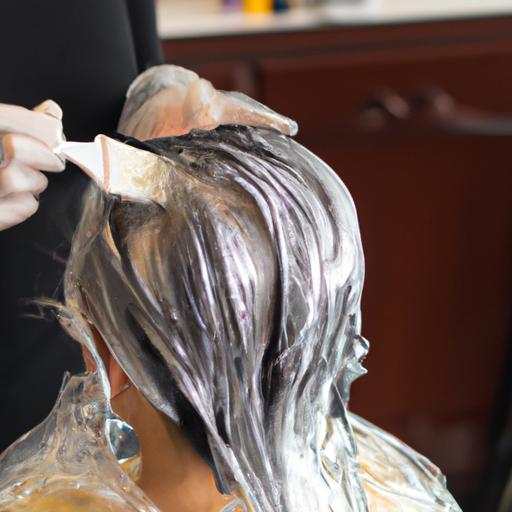 Một thợ làm tóc đang nhuộm tóc khách hàng với màu tóc bạc trong tiệm tóc.
