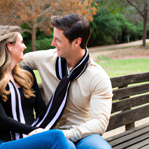 Một đôi tình nhân ngồi trên ghế tại công viên và nhìn nhau với tình cảm