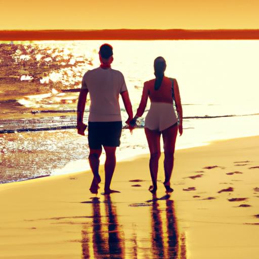 Một đôi tình nhân nắm tay nhau đi dạo trên bãi biển hoàng hôn