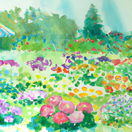 Bức tranh màu nước của một khu vườn hoa đang nở rộ