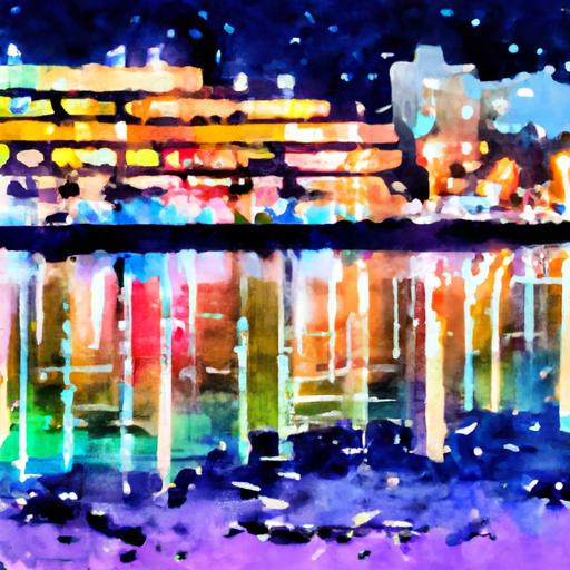 Bức tranh màu nước của một phong cảnh đô thị vào ban đêm với ánh đèn và phản chiếu đầy màu sắc