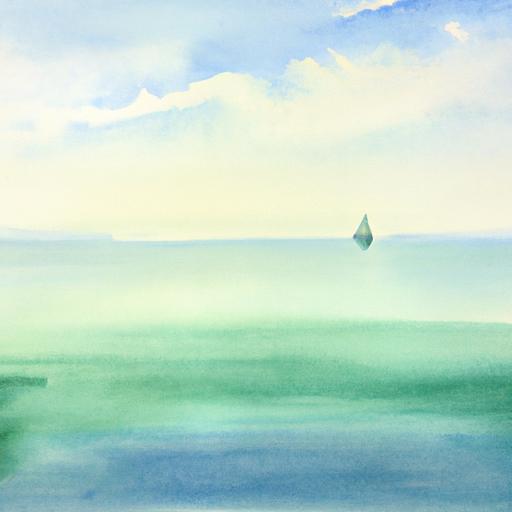 Bức tranh màu nước cảnh biển yên bình với chiếc thuyền buồm xa xôi