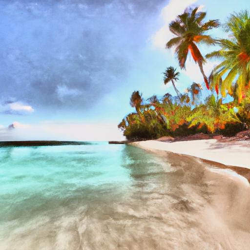 Bức tranh sặc sỡ của bãi biển nhiệt đới với cây cọ và nước trong suốt