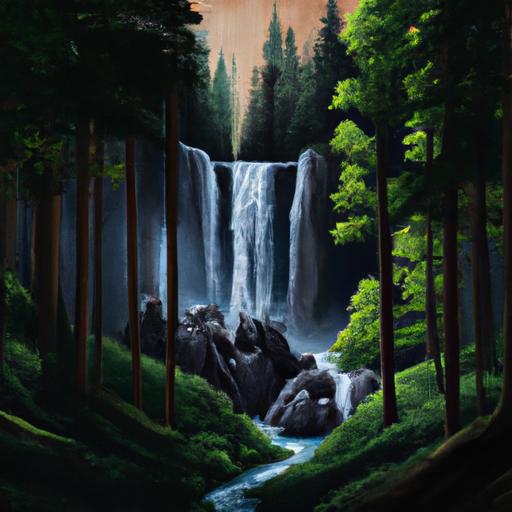 Bức tranh hùng vĩ của khu rừng với cây cao và thác nước ở phía sau