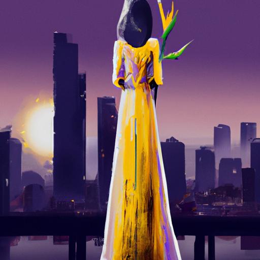 Bức tranh hiện đại cô gái mặc áo dài với phong cảnh thành phố phía sau