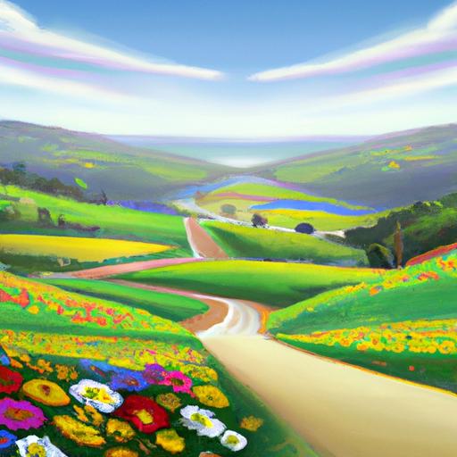 Bức tranh miền quê với đồi núi trải dài và những cánh đồng hoa nhiều màu sắc.