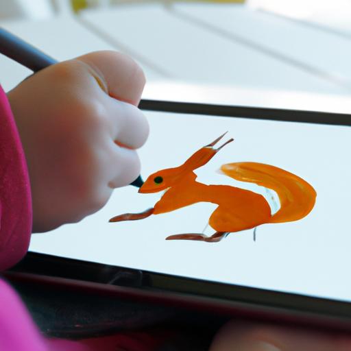 Đứa trẻ đang tô màu cho bức tranh con sóc trên máy tính bảng.