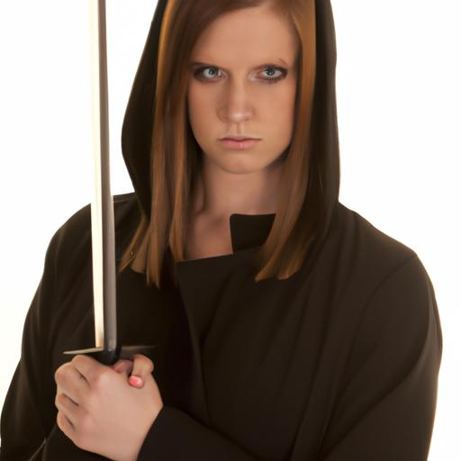 Nữ nhân vật với nét mặt quyết liệt, cầm kiếm và mặc áo choàng đen