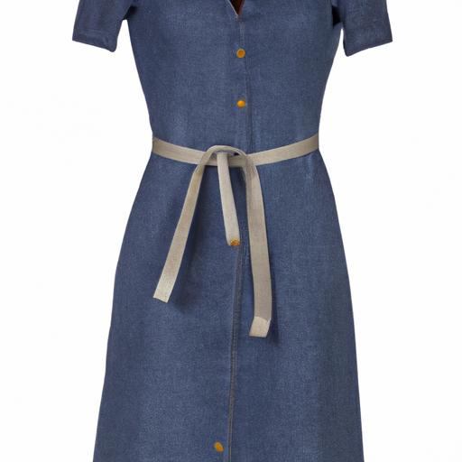 Chiếc váy chữ A bằng vải denim xanh với cúc trước và dây đeo