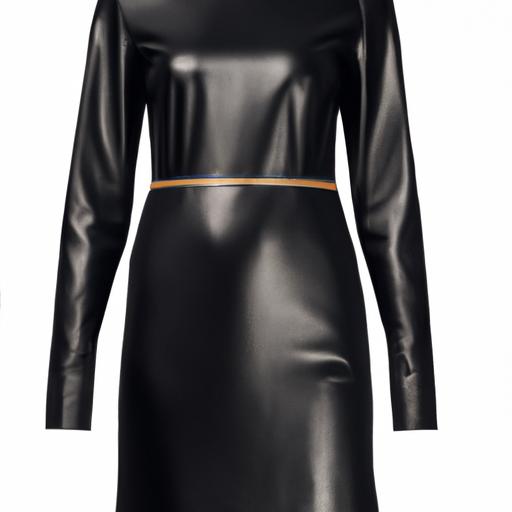Một chiếc váy da màu đen dài đến giữa đùi, cổ cao và tay dài.