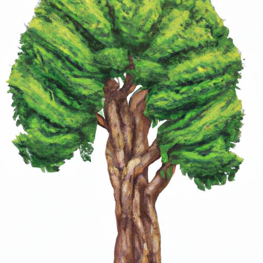 Một bức vẽ chân thực của một cây xanh với những chi tiết phức tạp trên lá và vỏ cây.