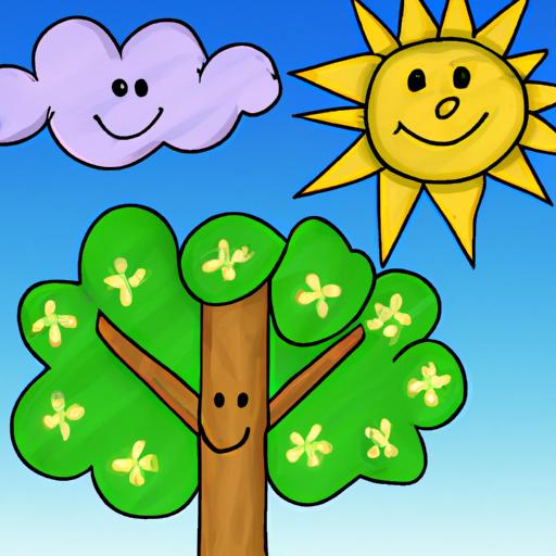 Một bức vẽ kiểu hoạt hình của một cây xanh tươi cười với mặt trời và những đám mây phía sau.