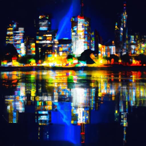 Bức vẽ tuyệt đẹp của tòa nhà đô thị về đêm với ánh sáng sáng chói và phản chiếu trên sông