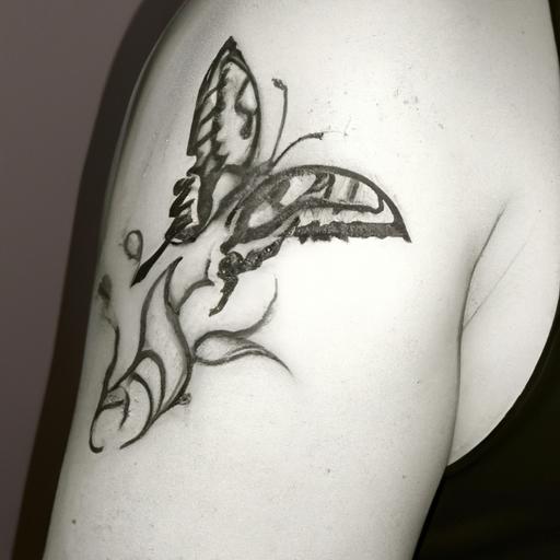 Hình xăm bướm đen trắng với chi tiết tinh xảo trên vai