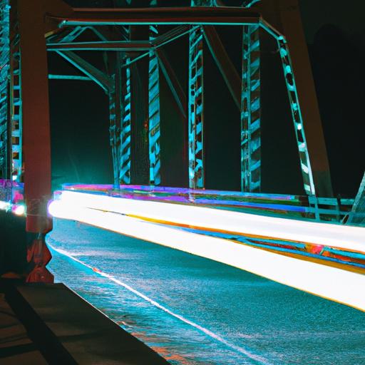 Xe độ có đèn neon lái trên cây cầu vào ban đêm.